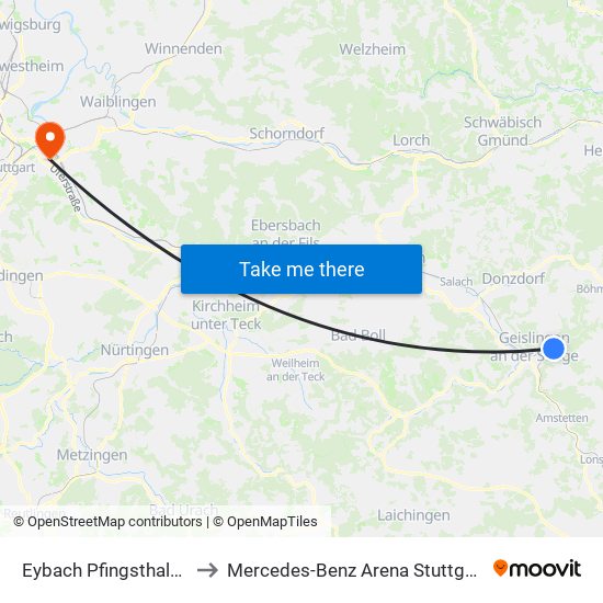 Eybach Pfingsthalde to Mercedes-Benz Arena Stuttgart map