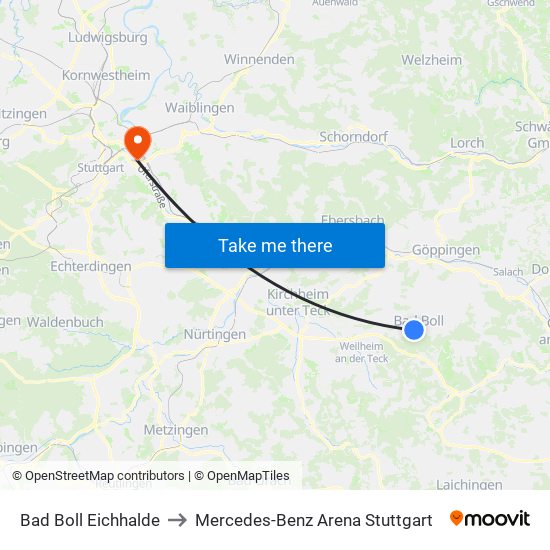 Bad Boll Eichhalde to Mercedes-Benz Arena Stuttgart map