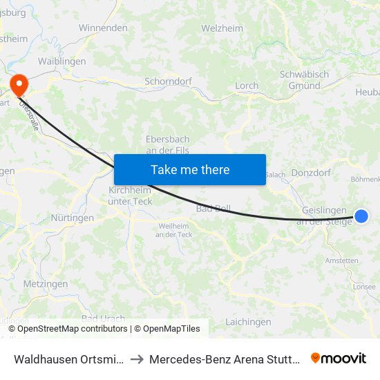 Waldhausen Ortsmitte to Mercedes-Benz Arena Stuttgart map