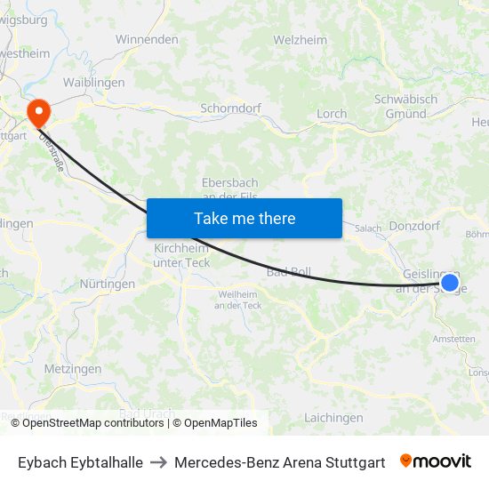 Eybach Eybtalhalle to Mercedes-Benz Arena Stuttgart map