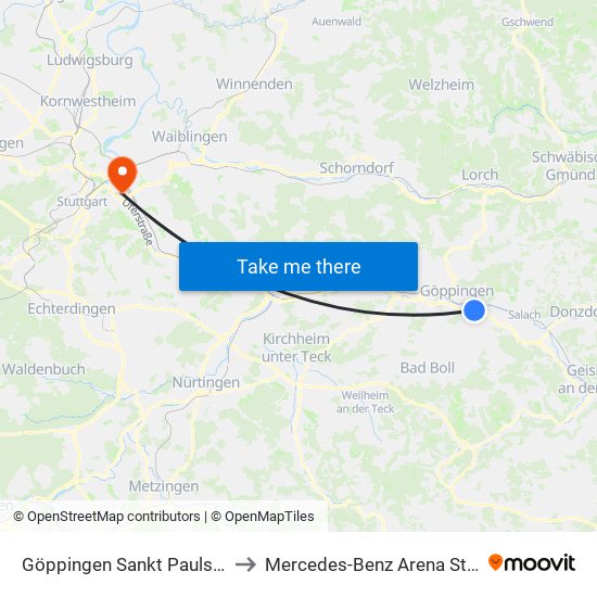 Göppingen Sankt Pauls Kirche to Mercedes-Benz Arena Stuttgart map