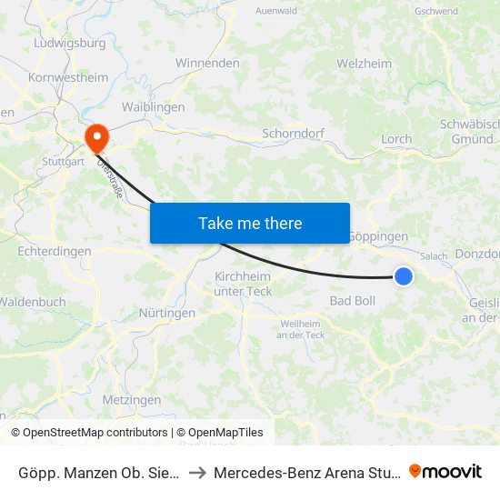 Göpp. Manzen Ob. Siedlung to Mercedes-Benz Arena Stuttgart map