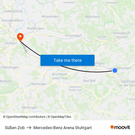 Süßen Zob to Mercedes-Benz Arena Stuttgart map