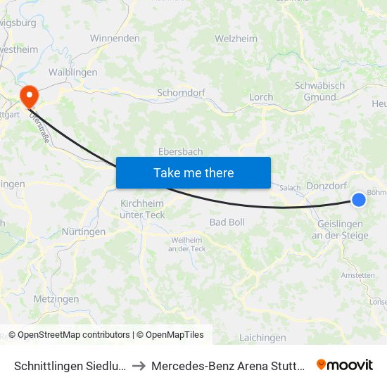 Schnittlingen Siedlung to Mercedes-Benz Arena Stuttgart map