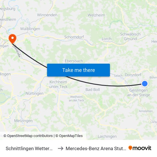 Schnittlingen Wetterwarte to Mercedes-Benz Arena Stuttgart map