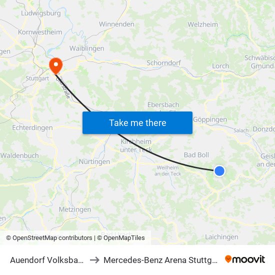 Auendorf Volksbank to Mercedes-Benz Arena Stuttgart map