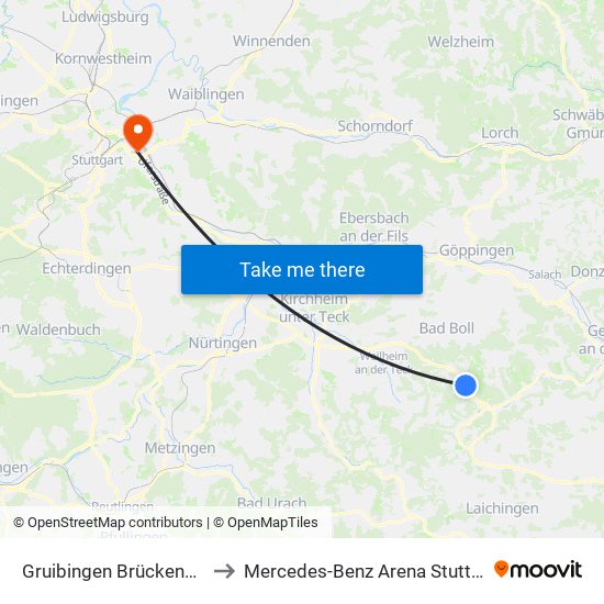 Gruibingen Brückenweg to Mercedes-Benz Arena Stuttgart map