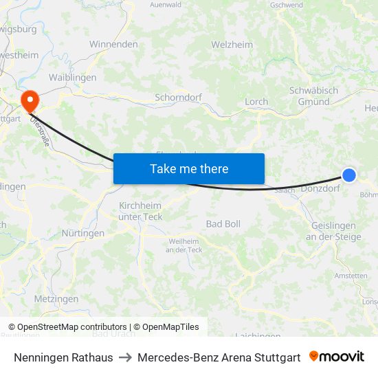 Nenningen Rathaus to Mercedes-Benz Arena Stuttgart map