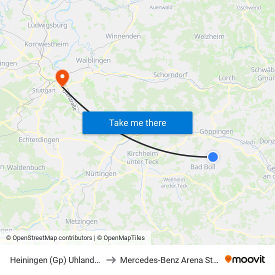 Heiningen (Gp) Uhlandstraße to Mercedes-Benz Arena Stuttgart map