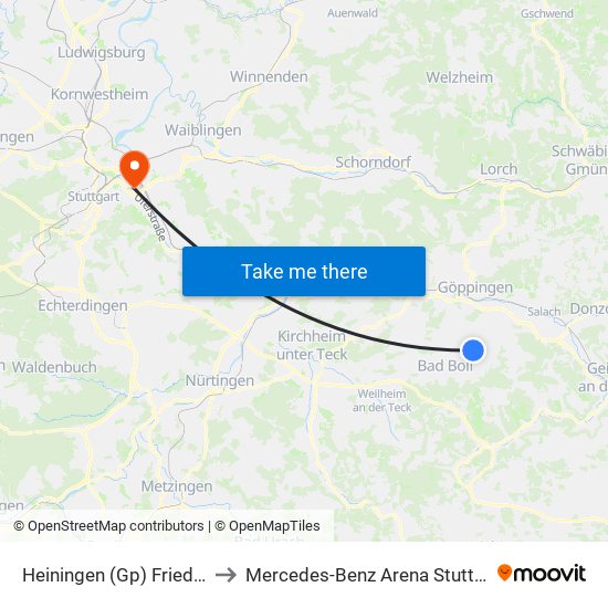 Heiningen (Gp) Friedhof to Mercedes-Benz Arena Stuttgart map