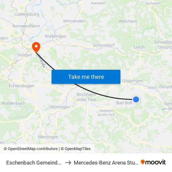 Eschenbach Gemeindehaus to Mercedes-Benz Arena Stuttgart map