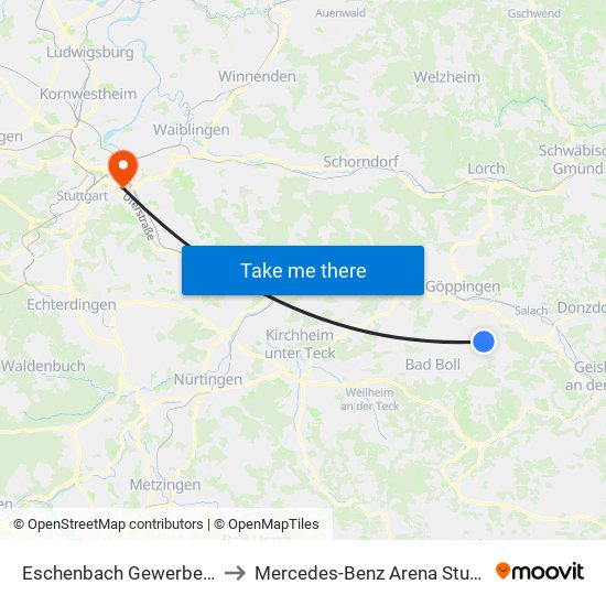 Eschenbach Gewerbepark to Mercedes-Benz Arena Stuttgart map