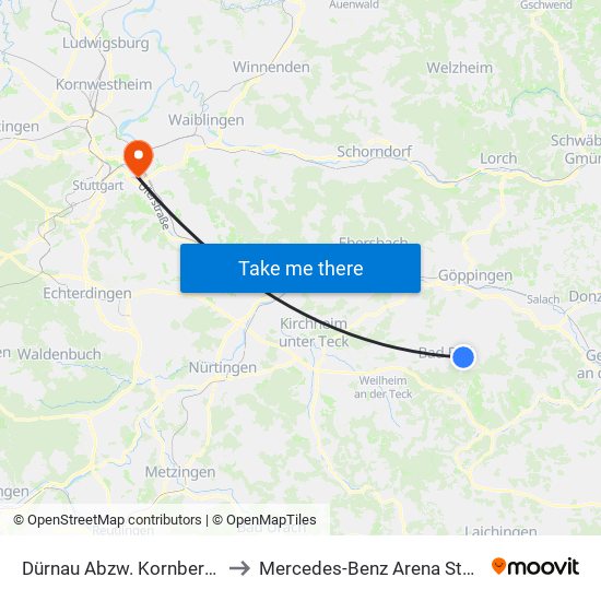 Dürnau Abzw. Kornberghalle to Mercedes-Benz Arena Stuttgart map