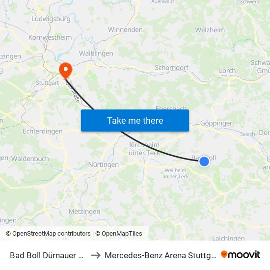 Bad Boll Dürnauer Str. to Mercedes-Benz Arena Stuttgart map
