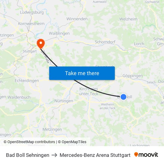 Bad Boll Sehningen to Mercedes-Benz Arena Stuttgart map
