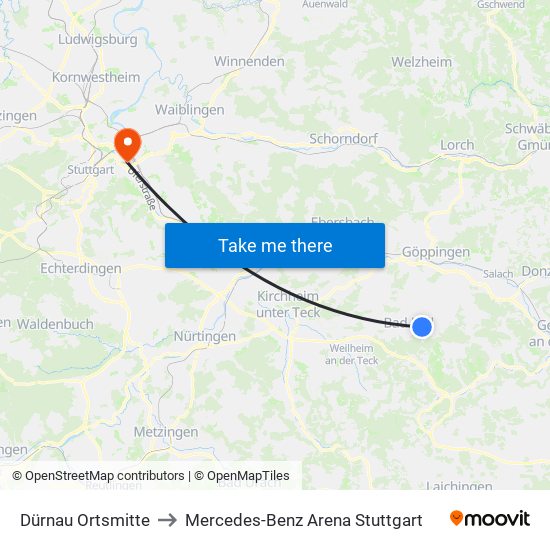 Dürnau Ortsmitte to Mercedes-Benz Arena Stuttgart map