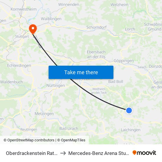 Oberdrackenstein Rathaus to Mercedes-Benz Arena Stuttgart map