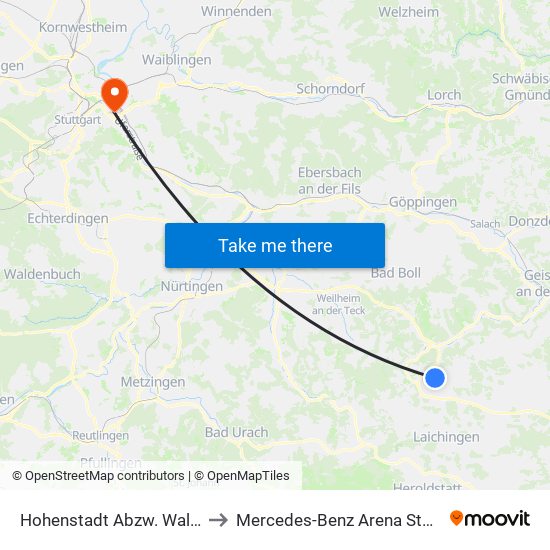 Hohenstadt Abzw. Waltertal to Mercedes-Benz Arena Stuttgart map