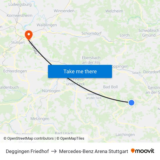 Deggingen Friedhof to Mercedes-Benz Arena Stuttgart map