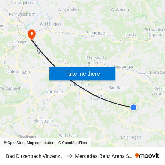 Bad Ditzenbach Vinzenz Therme to Mercedes-Benz Arena Stuttgart map