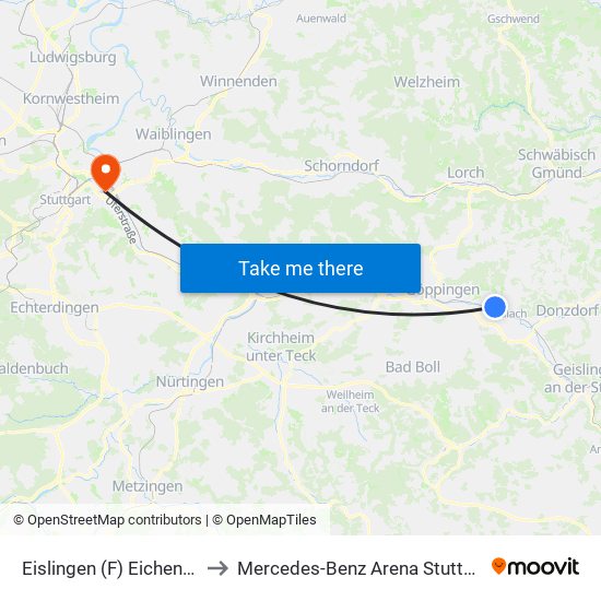 Eislingen (F) Eichenhof to Mercedes-Benz Arena Stuttgart map