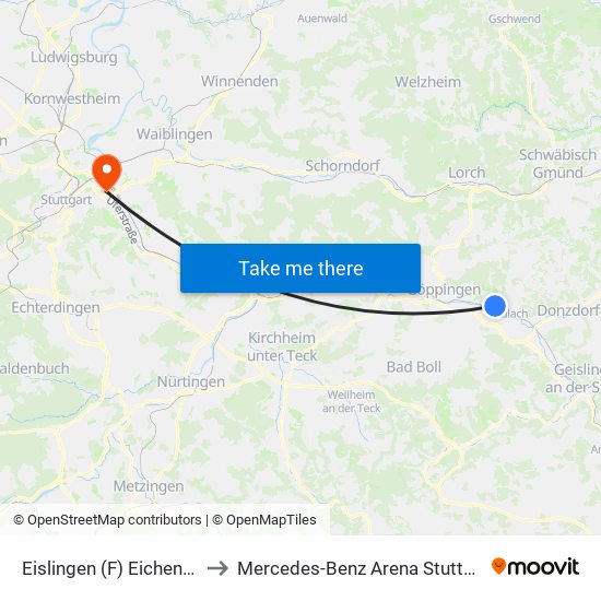 Eislingen (F) Eichenhof to Mercedes-Benz Arena Stuttgart map