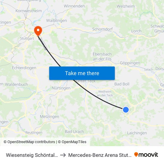Wiesensteig Schöntalweg to Mercedes-Benz Arena Stuttgart map