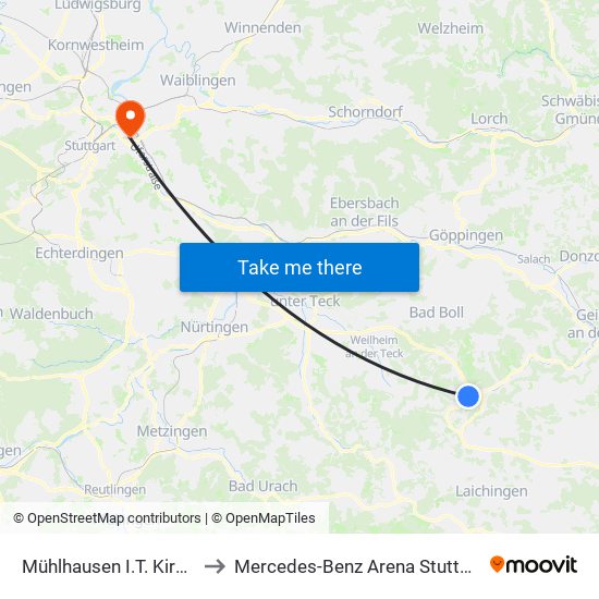 Mühlhausen I.T. Kirche to Mercedes-Benz Arena Stuttgart map