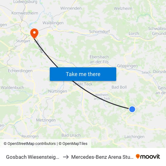 Gosbach Wiesensteiger Str. to Mercedes-Benz Arena Stuttgart map