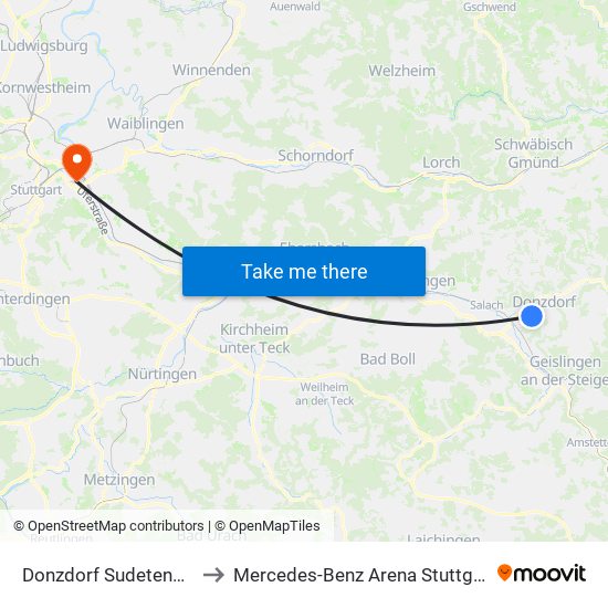 Donzdorf Sudetenstr. to Mercedes-Benz Arena Stuttgart map