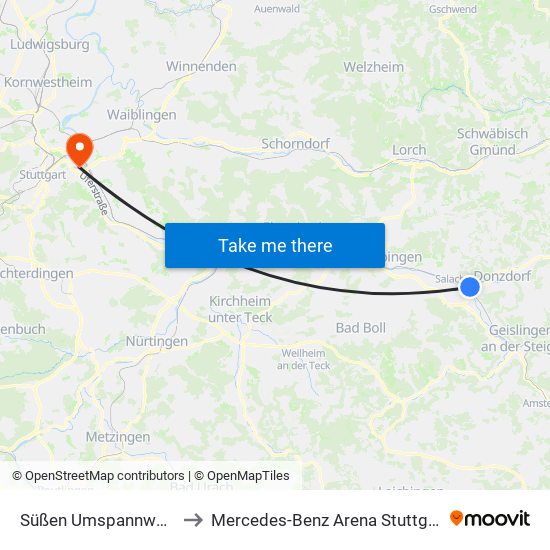 Süßen Umspannwerk to Mercedes-Benz Arena Stuttgart map