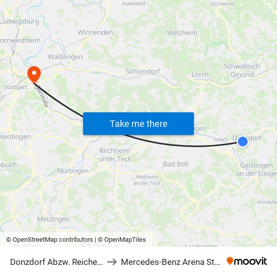 Donzdorf Abzw. Reichenbach to Mercedes-Benz Arena Stuttgart map
