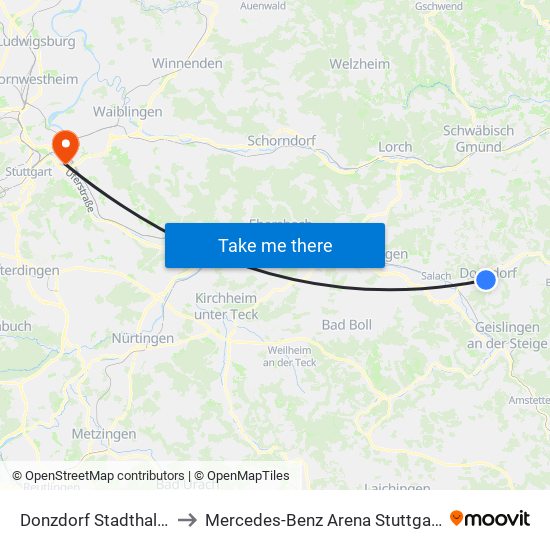 Donzdorf Stadthalle to Mercedes-Benz Arena Stuttgart map