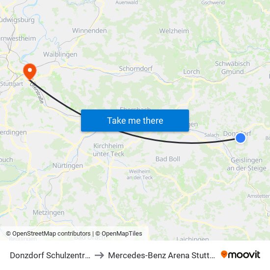 Donzdorf Schulzentrum to Mercedes-Benz Arena Stuttgart map