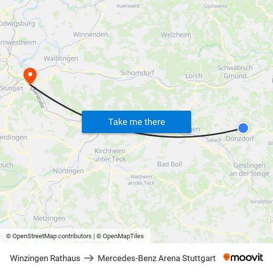 Winzingen Rathaus to Mercedes-Benz Arena Stuttgart map