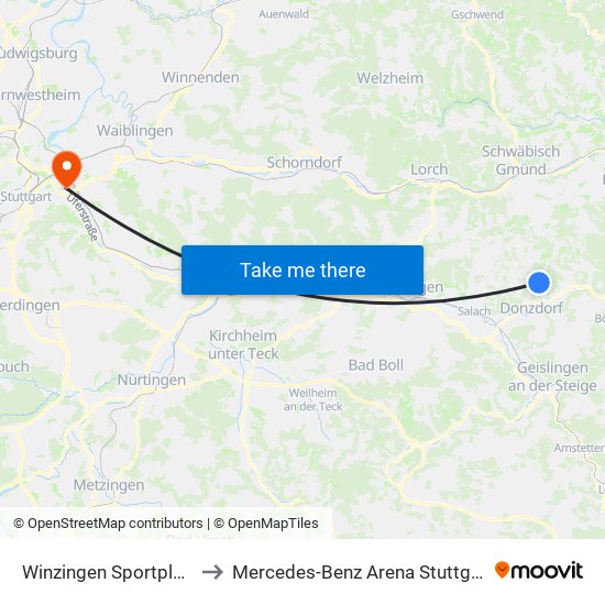 Winzingen Sportplatz to Mercedes-Benz Arena Stuttgart map