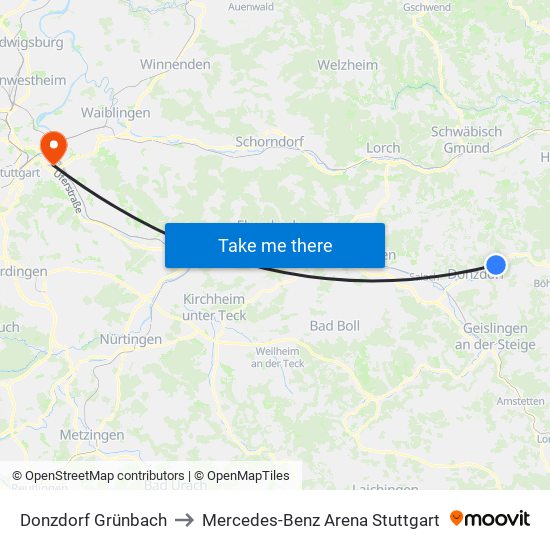 Donzdorf Grünbach to Mercedes-Benz Arena Stuttgart map