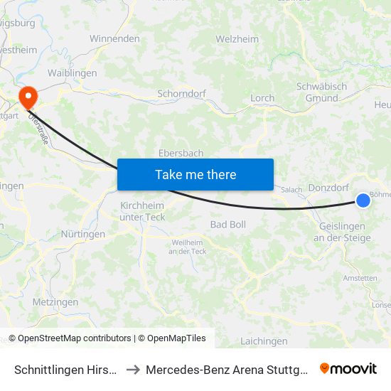 Schnittlingen Hirsch to Mercedes-Benz Arena Stuttgart map