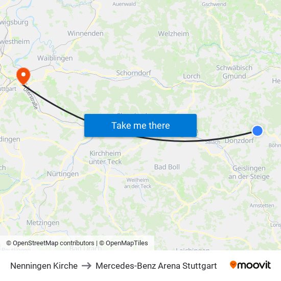 Nenningen Kirche to Mercedes-Benz Arena Stuttgart map