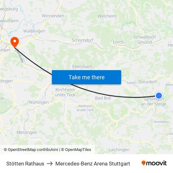 Stötten Rathaus to Mercedes-Benz Arena Stuttgart map