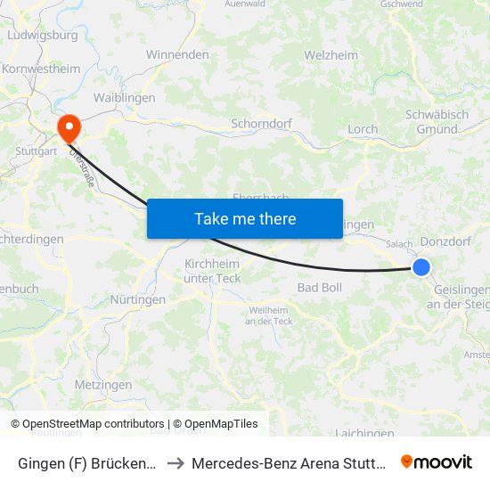 Gingen (F) Brückenstr. to Mercedes-Benz Arena Stuttgart map