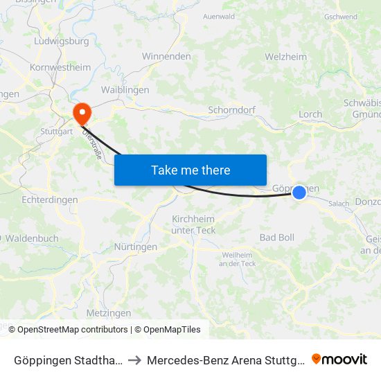 Göppingen Stadthalle to Mercedes-Benz Arena Stuttgart map