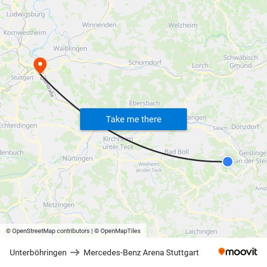 Unterböhringen to Mercedes-Benz Arena Stuttgart map
