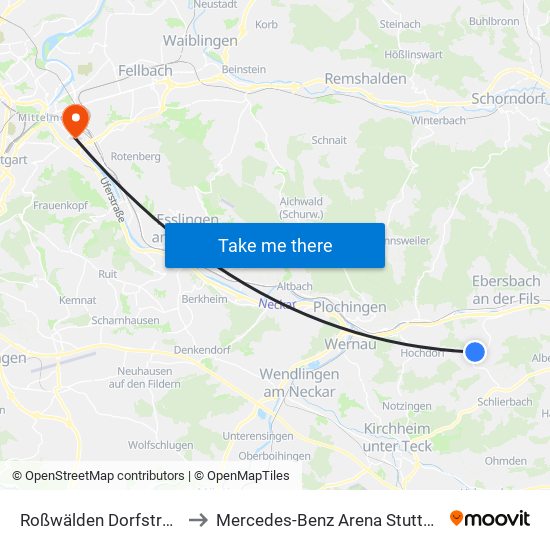 Roßwälden Dorfstraße to Mercedes-Benz Arena Stuttgart map