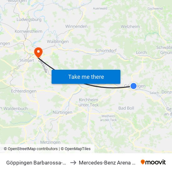 Göppingen Barbarossa-Thermen to Mercedes-Benz Arena Stuttgart map