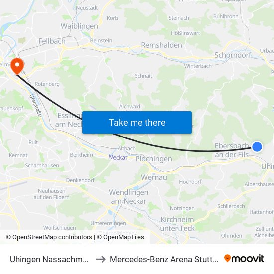 Uhingen Nassachmühle to Mercedes-Benz Arena Stuttgart map