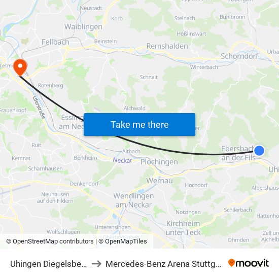 Uhingen Diegelsberg to Mercedes-Benz Arena Stuttgart map