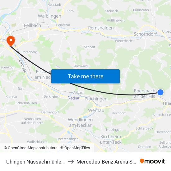 Uhingen Nassachmühle Schule to Mercedes-Benz Arena Stuttgart map