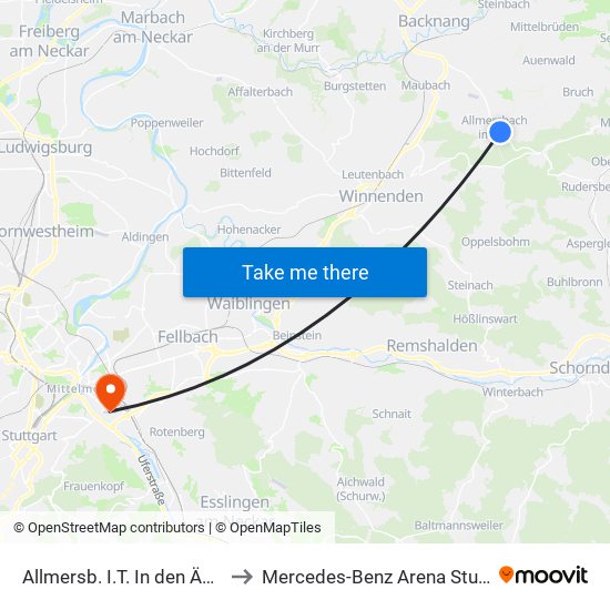 Allmersb. I.T. In den Äulesw. to Mercedes-Benz Arena Stuttgart map