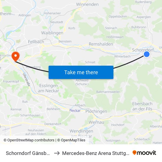 Schorndorf Gänsbühl to Mercedes-Benz Arena Stuttgart map